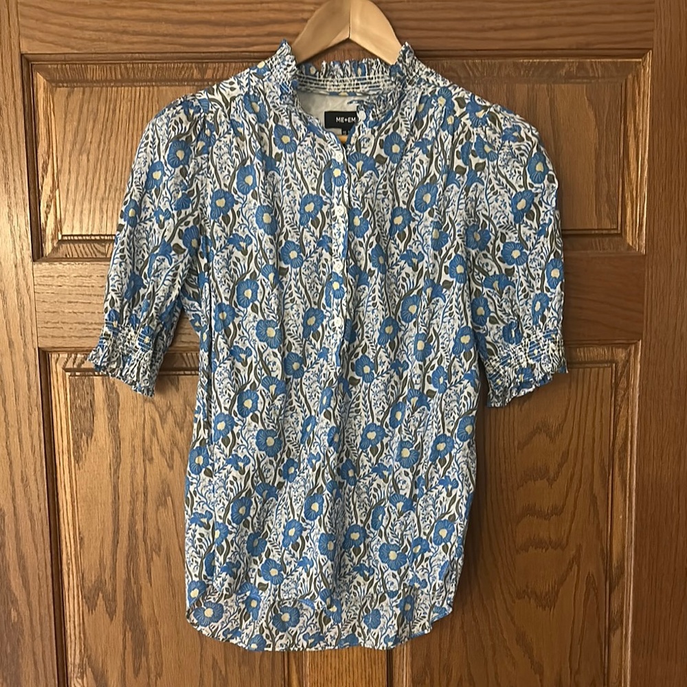 Blue Floral half Button-Up Blouse